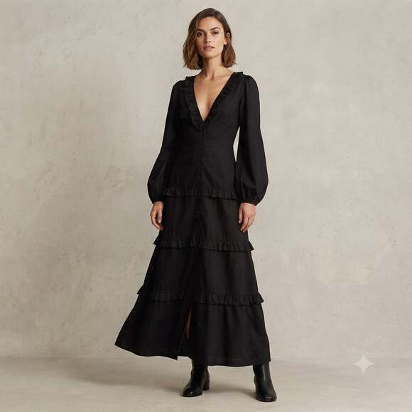 Commense Dresses & Skirts - Commense Long Sleeve Tiered Ruffle V-Neck Semi Sheer  Maxi Dress